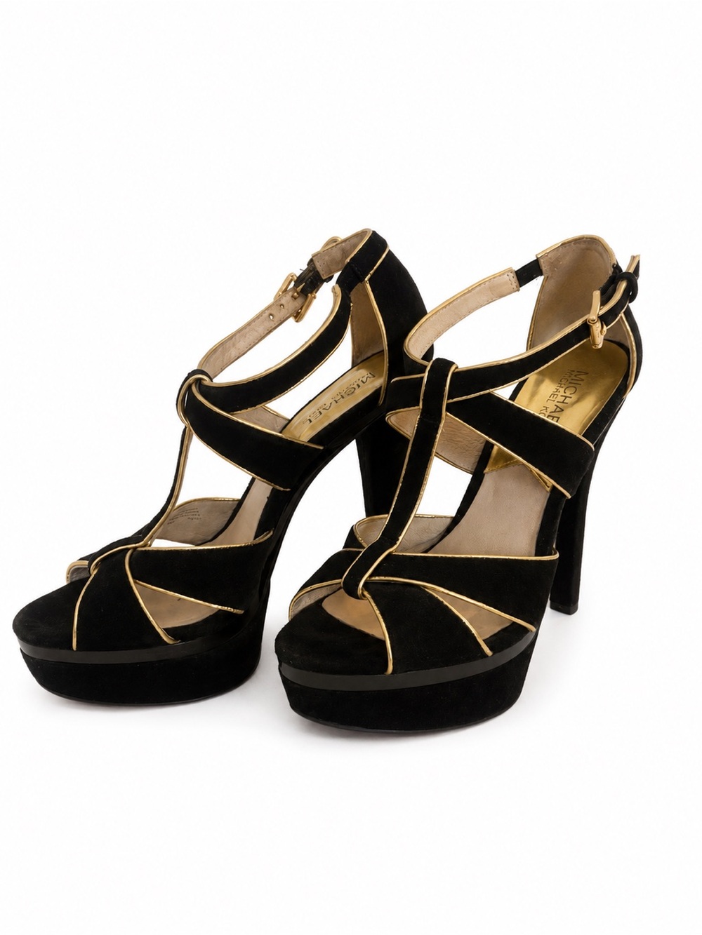 Michael Kors Black Suede Platform T-Strap Heels with Gold Trim